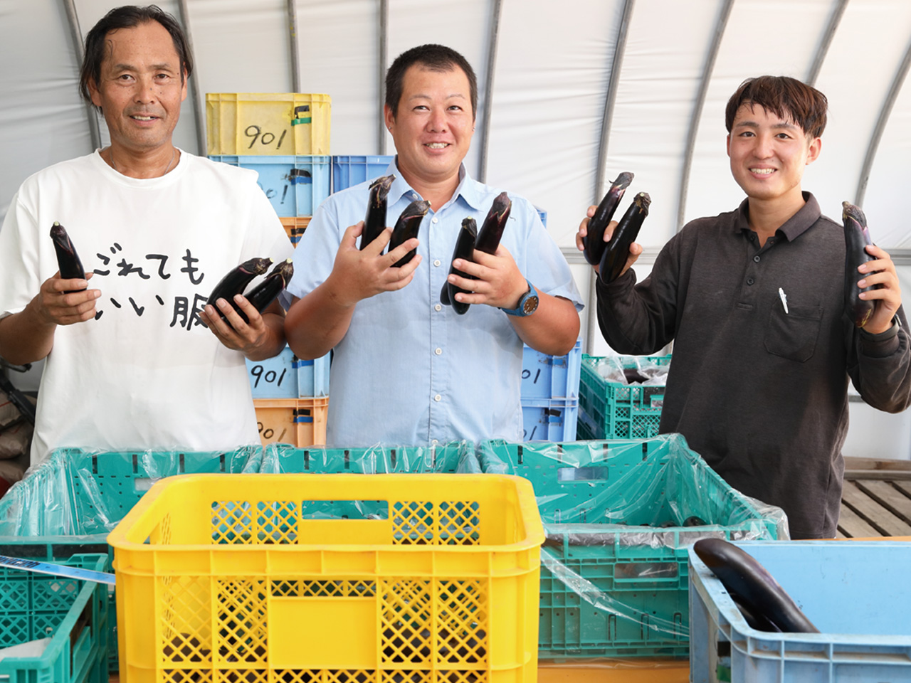 伊原さん（左）と協力し選果作業をします。JA職員（右）にも様々な面でお世話になっています
